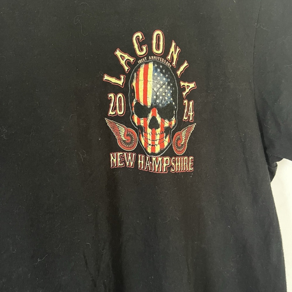 Laconia New Hampshire Motorcycle T-Shirt Medium Black American Flag Skull - Picture 2 of 6